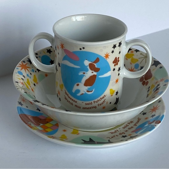 Childrens Baby Dish Set Dog Ceramic 3 Piece Cup Bowl Plate The Piggy Story Puppy - Picture 6 of 16
